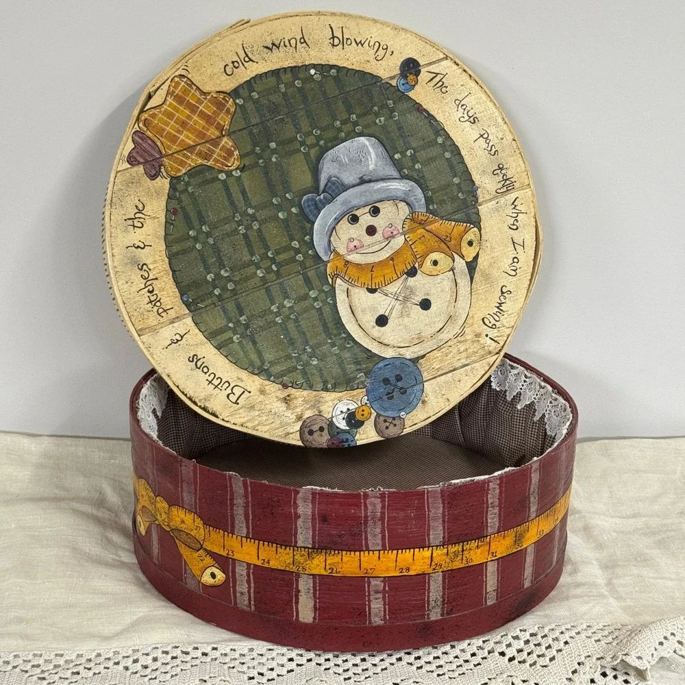 Primitive Hand Painted Wooden Snowman Sewing Box Round 15x5.5 Rustic Folk Art